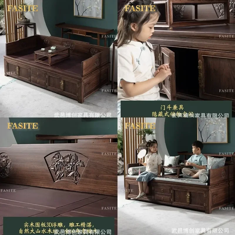 For New Chinese Style Solid Wood Arhat Bed Zen Old Elm Box Sofa Couch Rice Push-Pull Bed Small Apartment Living Room