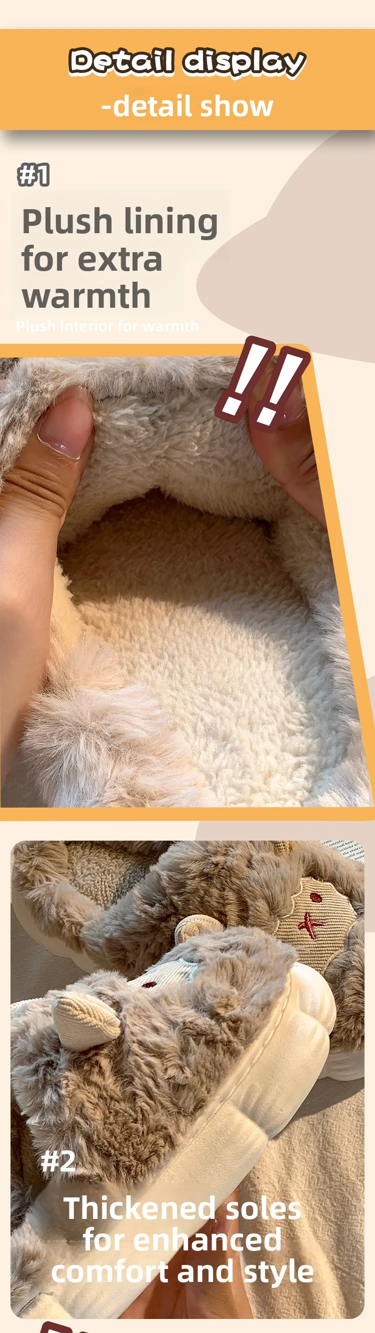 Niedliche Lamm-Plüsch-Hausschuhe für Damen – rutschfeste Winter-Hausschuhe, mit Fleece gefütterte Innenrutschen mit dicker Sohle für gemütlichen Komfort zu Hause – Detail 5