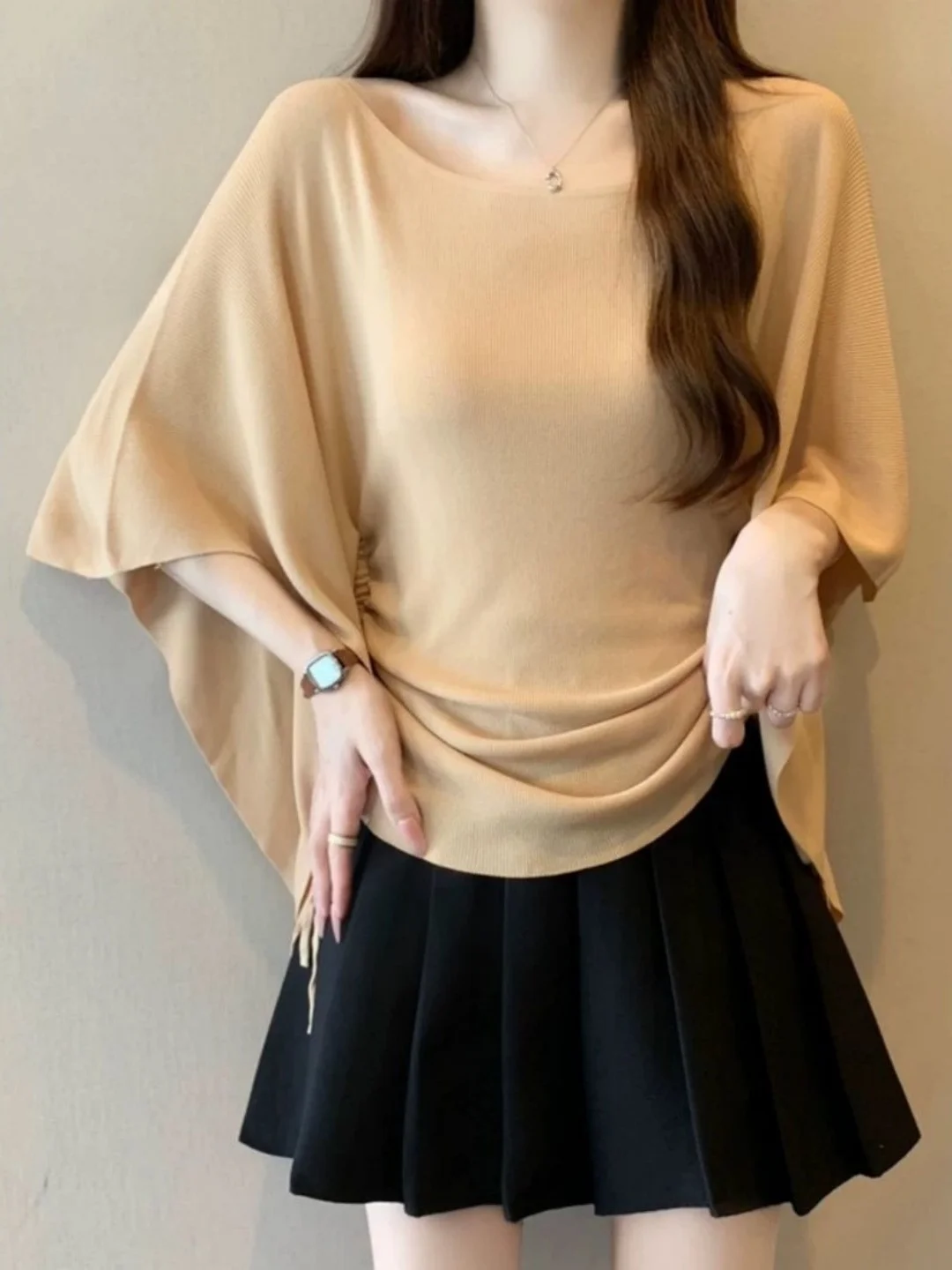 Lagenlook Batwing Sleeve Knitwear Drawstring Waist Slimming Meat Covering Top for plus Size Women Casual Loose Fit Thin Style