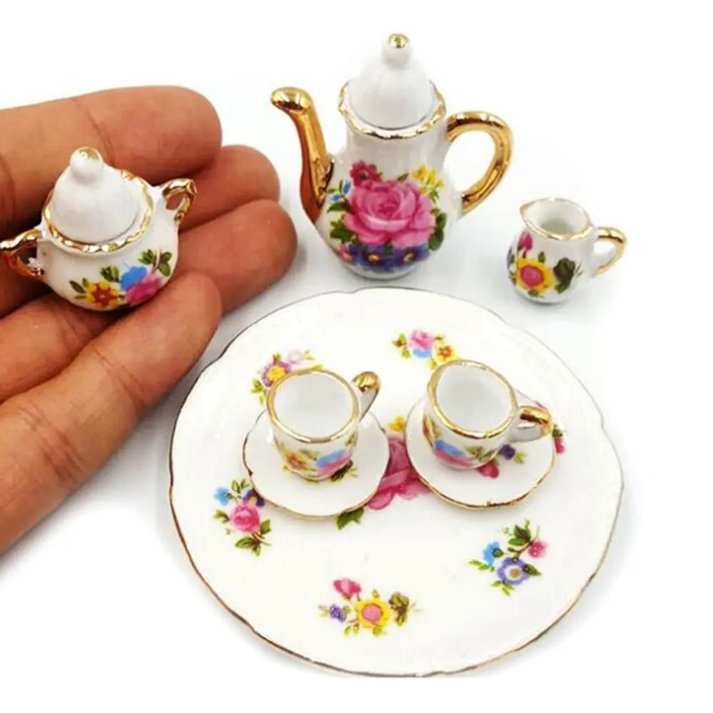 Floral Print Dollhouse Dinnerware Dish Plate Pink Rose Doll Porcelain Tea Set 1:12 Colorful Miniature Cups Pot Children's Toy