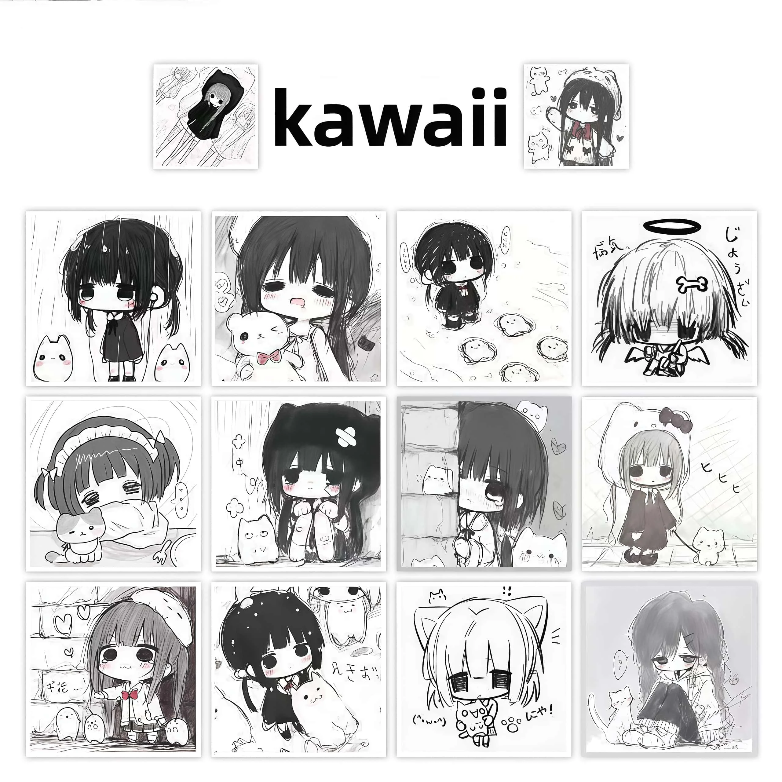 500Pcs Monochrome Anime Girl Sticker Roll, Cute Ink Sketch Style Multi-Pose Character Decals for DIY, Journal & Gift Decor