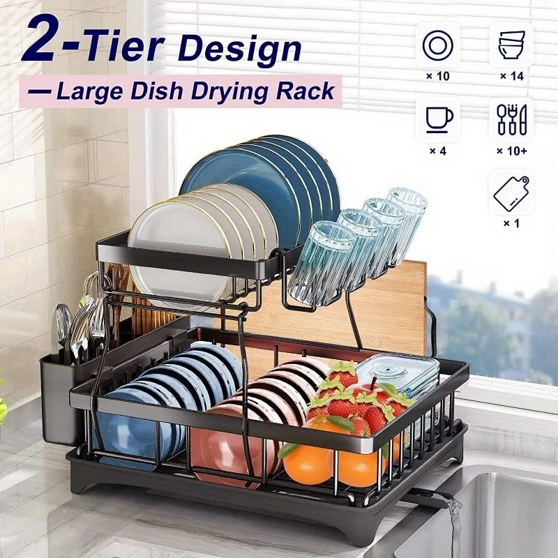 

Over Sink Dish Drying Rack 2-Tier Stainless Steel Kitchen Shelf Cutlery Drainer