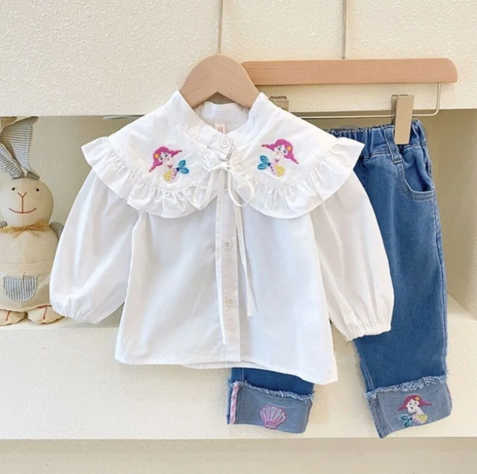 Children Girls\' Clothes Suits 2024 Spring Autumn Baby Girls  Cartoon Shirt Jeans Pants Two-piece Clothing Sets