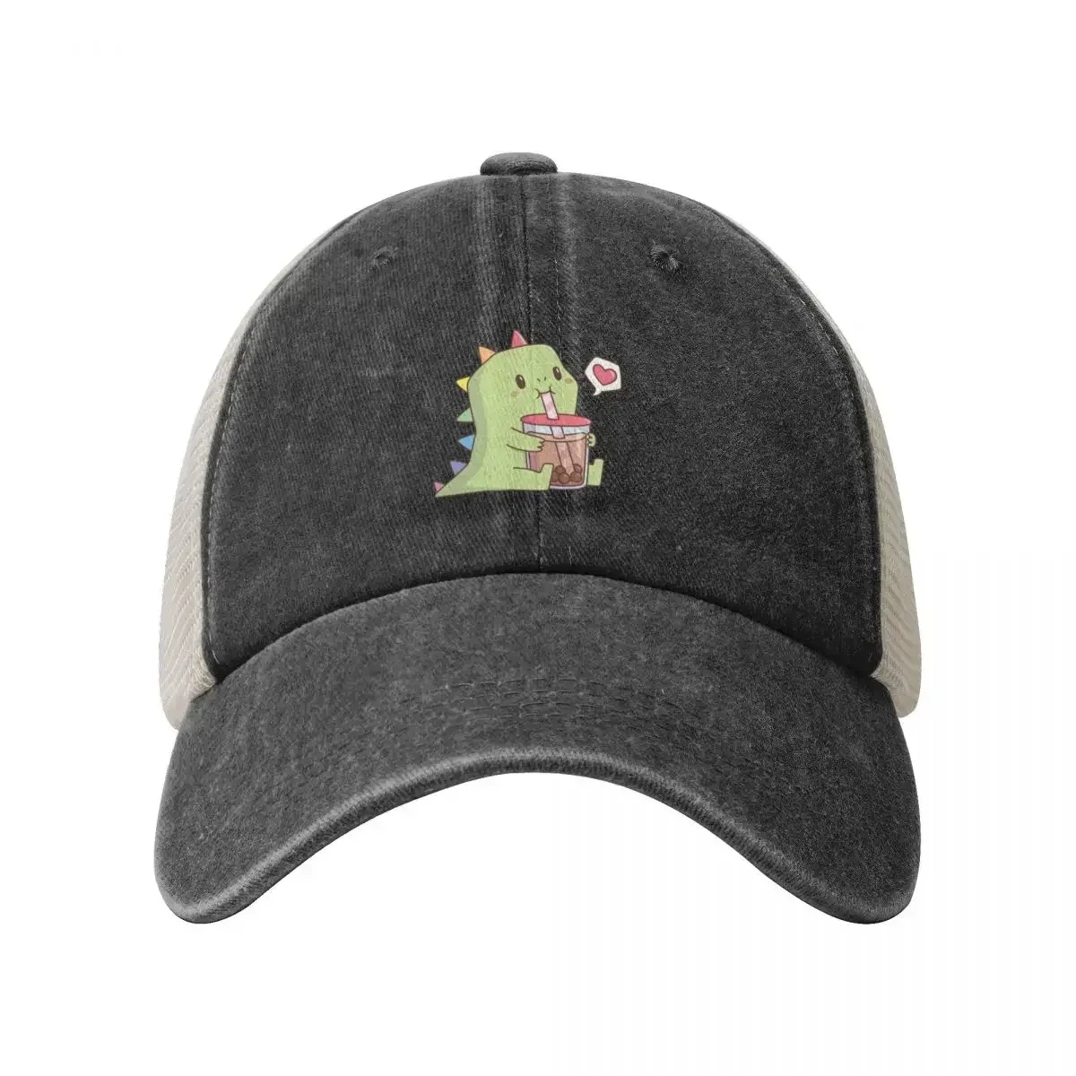 Cute Dino with Rainbow Spikes Loves Bubble Tea Cowboy Mesh Baseball Cap |-F-| Golf Men Women's