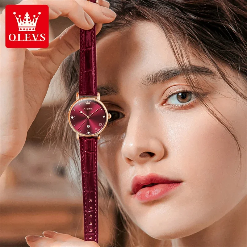 Olevs 5505 new fashion wine red ultra thin quartz watch WOMEN\'S leather waterproof calendar luxury women watches Reloj Mujer