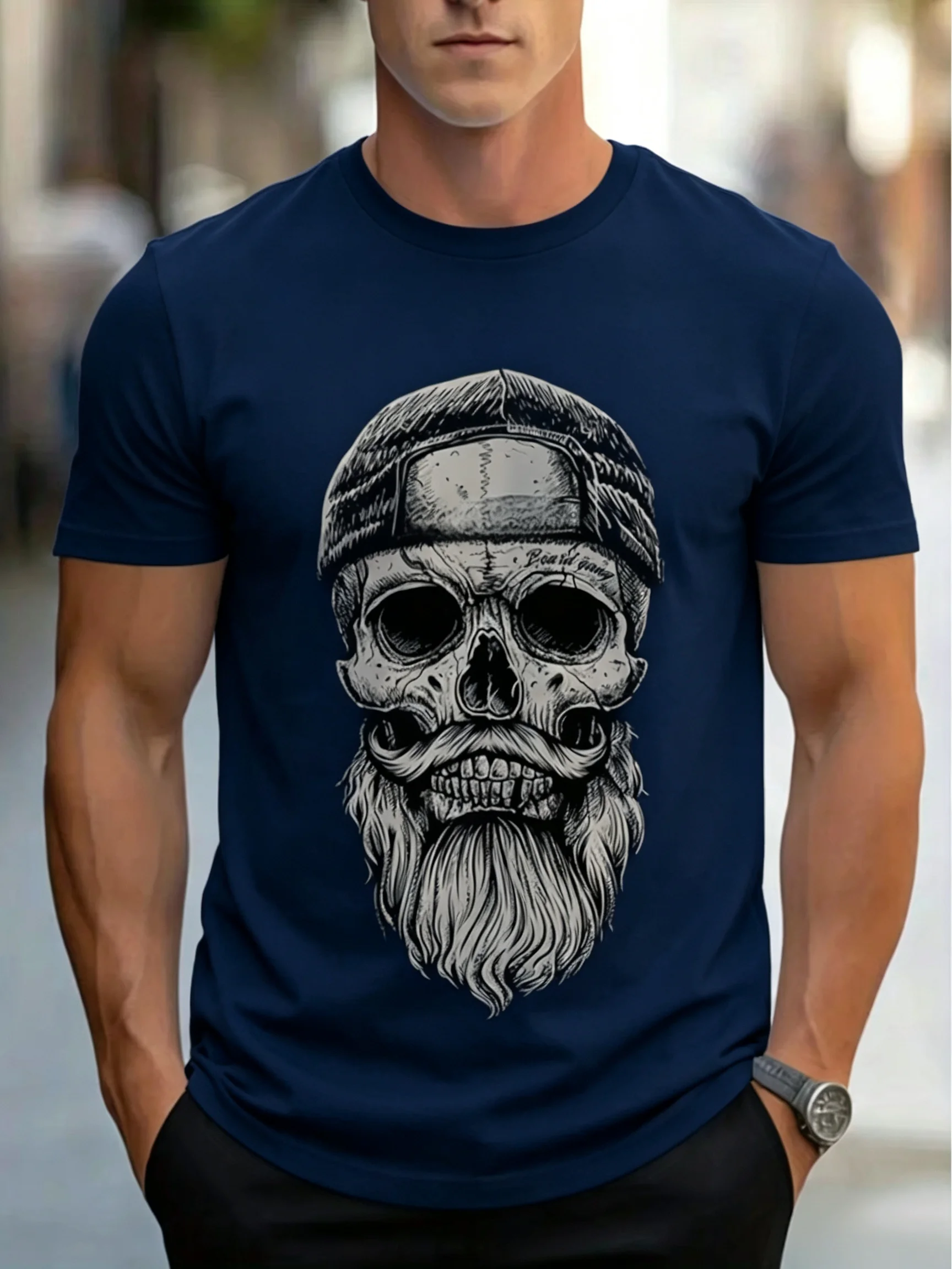 Cotton 100% Men Crew Neck Short Sleeve T‑Shirt Bearded Skull Graphic Print Casual Streetwear Summer Soft Daily Tee Top