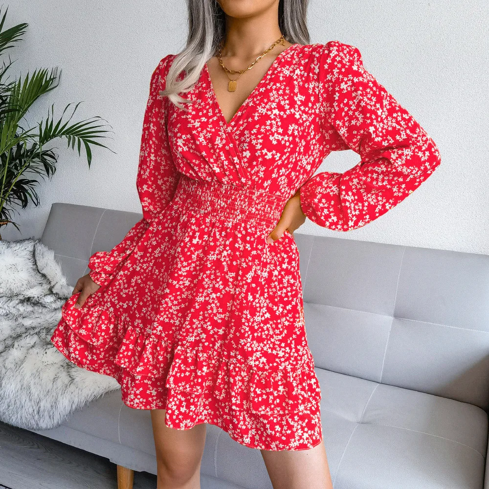 French temperament super good-looking a word floral short dress spring dress women 2024 new high-grade early spring V-neck skirt