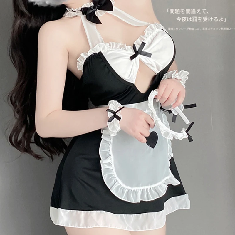 Japanese Anime Cosplay Costume Maid Uniform Women Sexy Lingerie Leg Ring Waistband Dress Outfits  Headband Sleepwear Nightwear