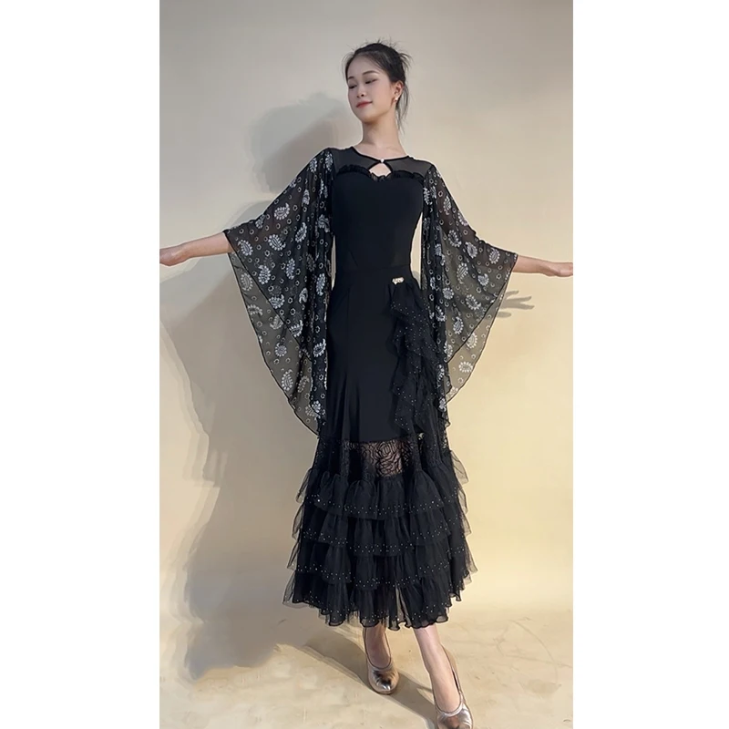 Vêtements de danse de salon pour femmes, Costume de spectacle, manches en mousseline de soie, hauts, jupe en dentelle, robe de danse valse, vêtements de compétition BL16766