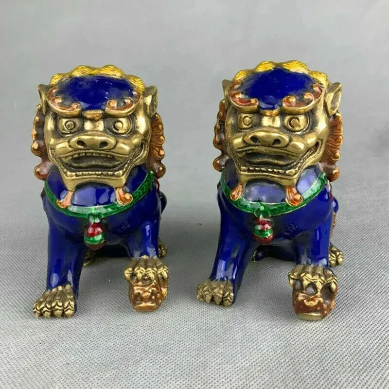 China Fengshui Cloisonne Enamel Bronze Foo Fu Dog Guardion Lion Statue Pair