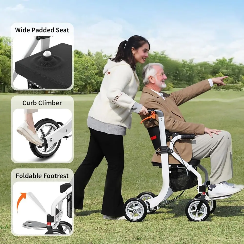 高齢者向けオールインワン折りたたみ式歩行器、軽量アルミニウム製歩行器、人間工学に基づいたデザイン、ホワイト