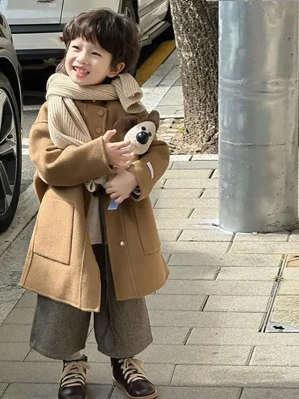 Girls Wool Khaki Coat 2024 Autumn Winter Casual All-in-one Woolen Coat Boys and Girls Children Fashion Woolen Coat Clothes