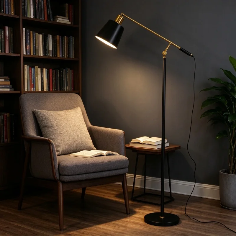 Black Gold Adjustable Floor Lamp Metal Swing Arm E27 Standing Lamp 90-260V Reading Light for Living Room Bedroom Office Home