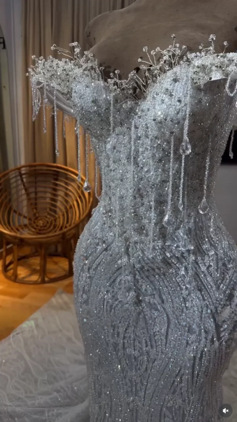 Silver Long Prom Dresses For Black Girls Off The Shoulder Beaded Birthday Party Dresses African Evening Gown Robe De Customized image 4