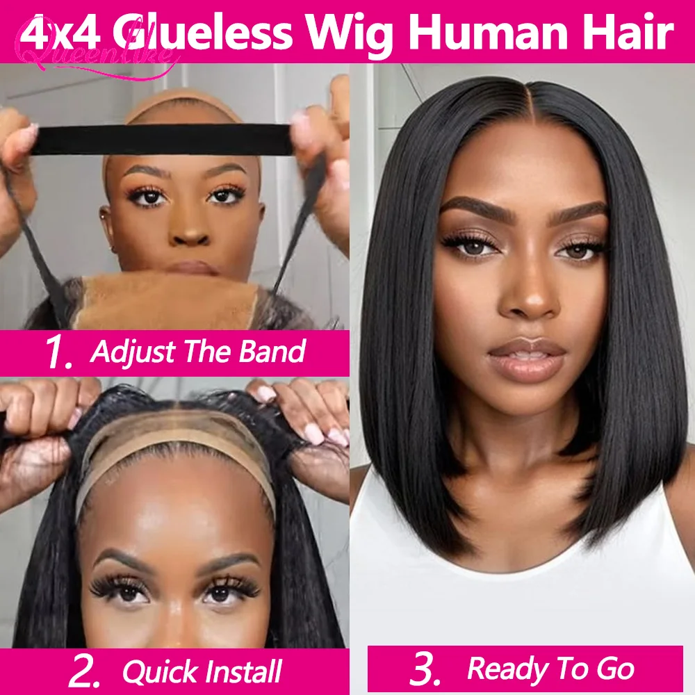 Queenlike 10inch Glueless Wig Human Hair Ready to Wear Bob Wigs for Women Straight Lace Closure Pre Cut Lace Wigs Brazilian Remy