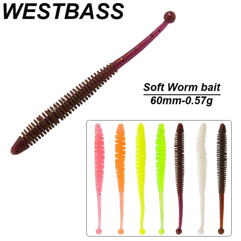 WESTBASS 10PCS Soft Worm Baits 60mm-0.57g Bottom Fishing Lures Silicone Earthworm leurres Rubber maggot Wobblers cebo suave Isca