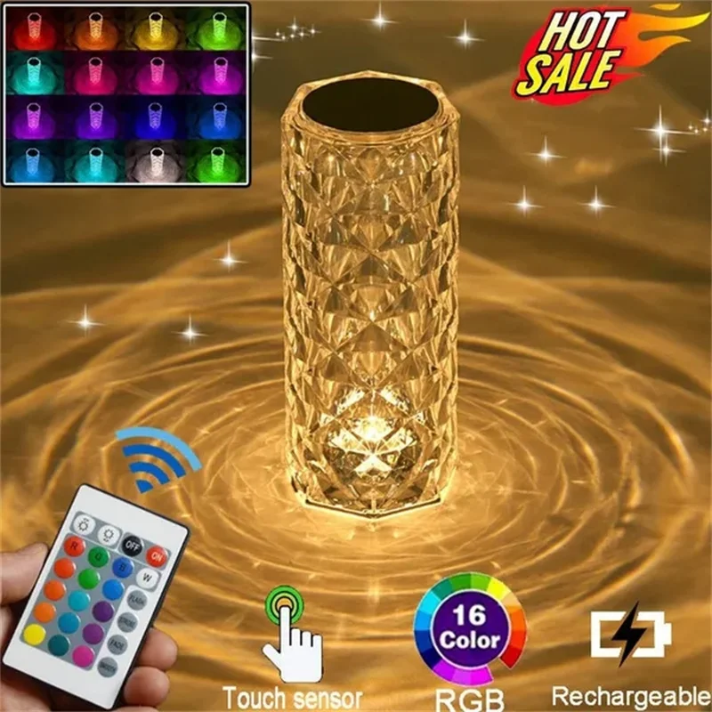 3/16 Colors LED Crystal Table Lamp Rose Light Projector Touch Romantic Diamond Atmosphere Light USB LED Night Light for Bedroom