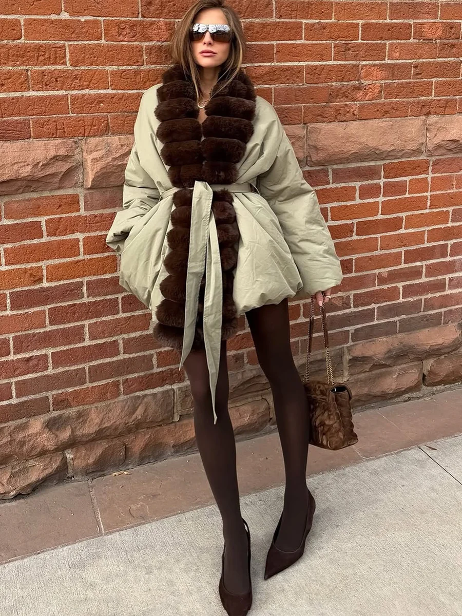 LIMO Women Belted Puffer Jacket Faux Fur Trim Lantern Sleeve Winter Warm Short Coat