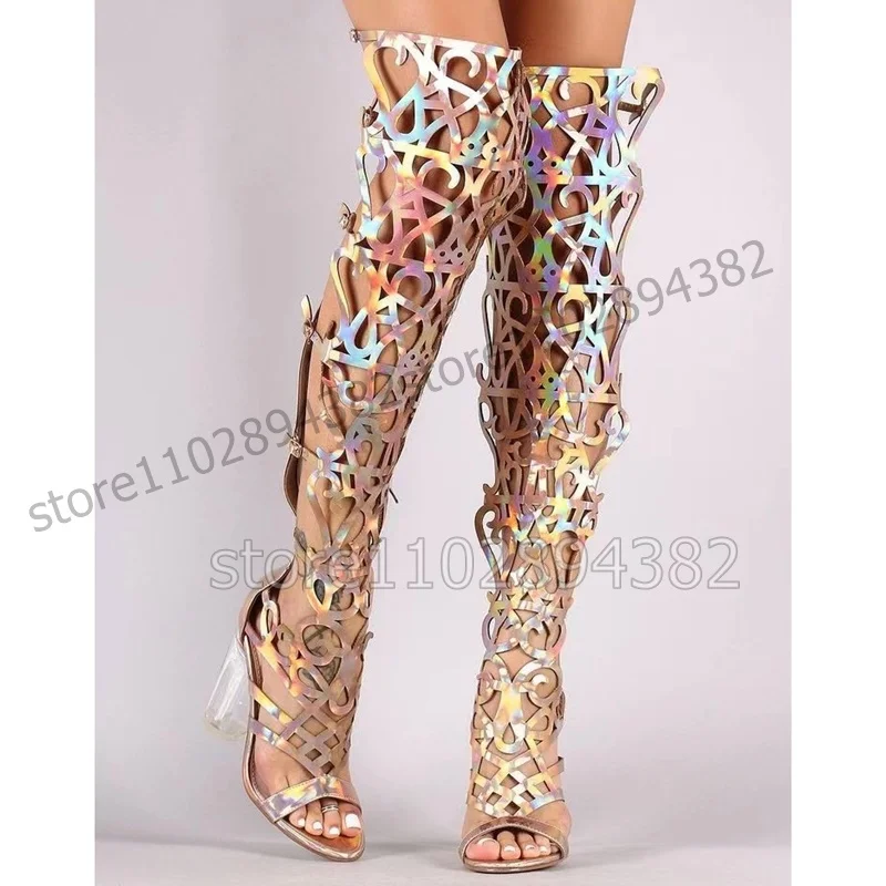 Colorful Hollow Design Open Toe Sandals Boots Over The Knee Women Shoes Transparent Chunky Heels Novel 2023 Zapatos Para Mujere