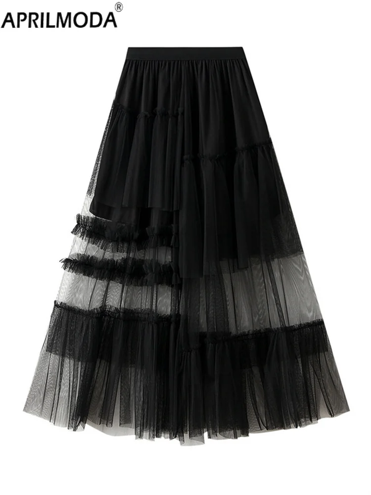 تنورة نسائية هاراجوكو جمالية سوداء على الطراز القوطي ميدي شبكية طويلة تنورة حلوة غير منتظمة مكشكشة على شكل كعكة Cyberpunk Emo تنانير حفلات الأميرة الجنية