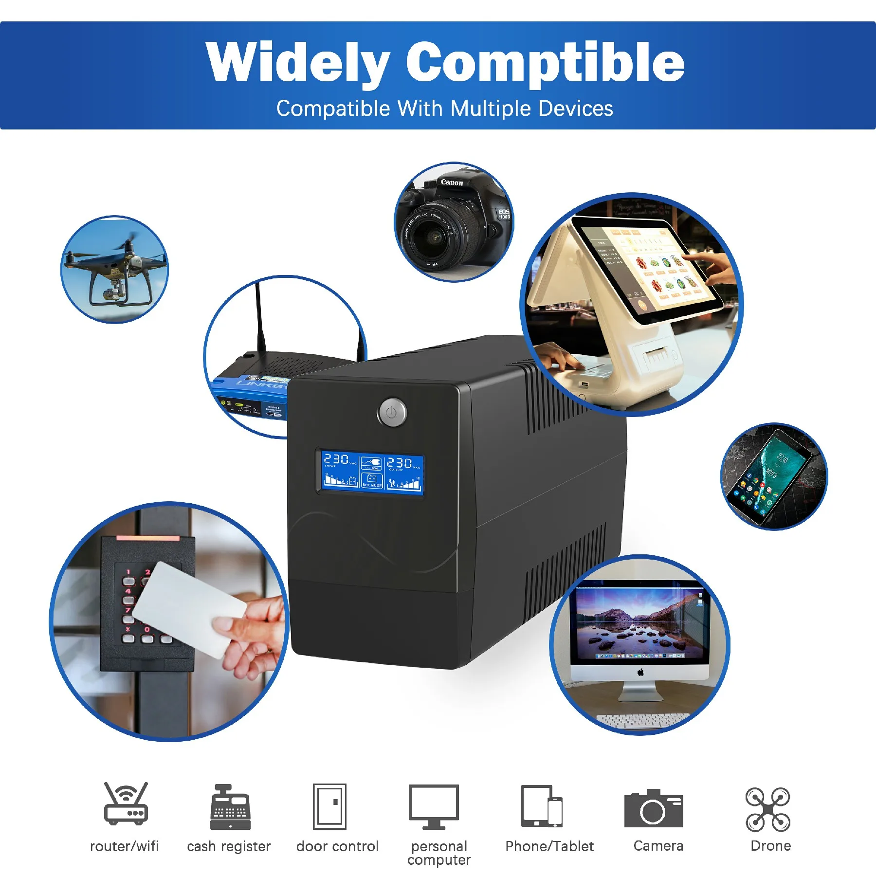 بطارية UPS عالية الجودة بقوة غير منقطعة 500va إلى 3kva UPS للكمبيوتر غير متصل مع شاشة LCD للكمبيوتر