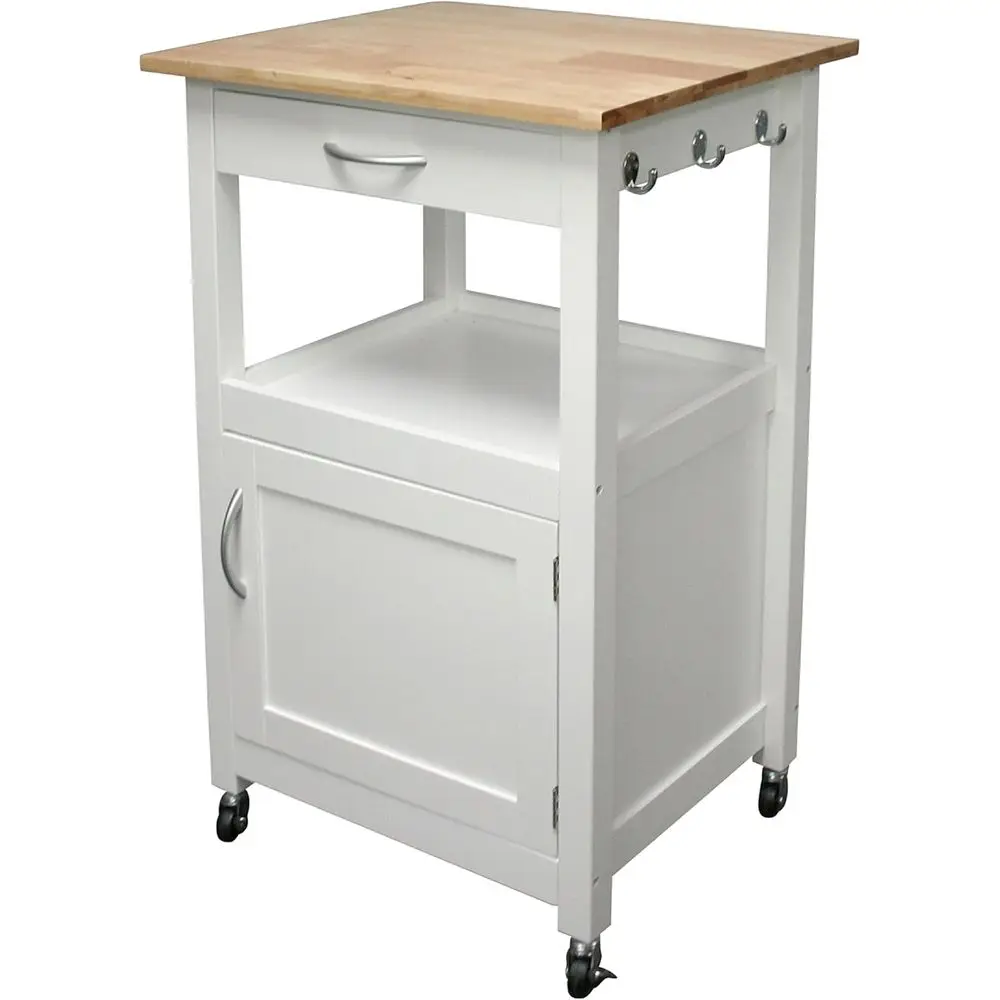 Rolling Kitchen Island Cart with Drawer, Storage Cabinet, Shelves, Natural Hardwood Top, White