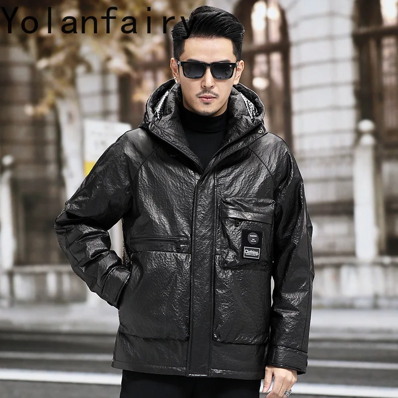 YOLANFAIRY Genuine Leather Cowhide Mens Jacket Fashion Casual Winter Hooded Down Coats Drop Shoulder Coat New Motorsiklet Montu