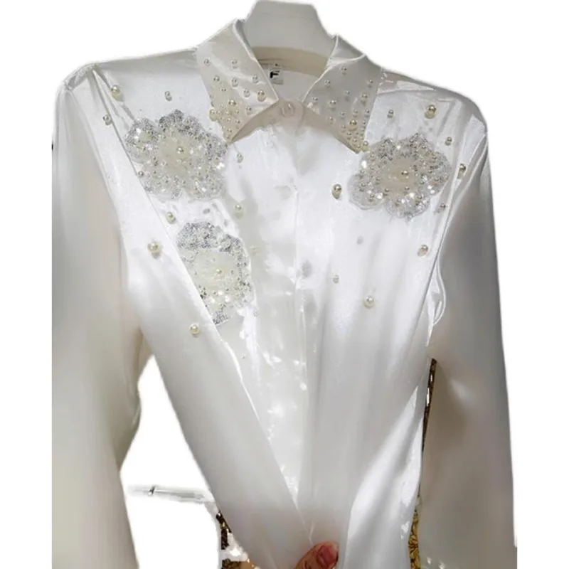 

Heavy Work Three-Dimensional Flower Sequins Beaded White Shirt Women High Street Lapel Long Sleeve Loose Blouse Tops q643