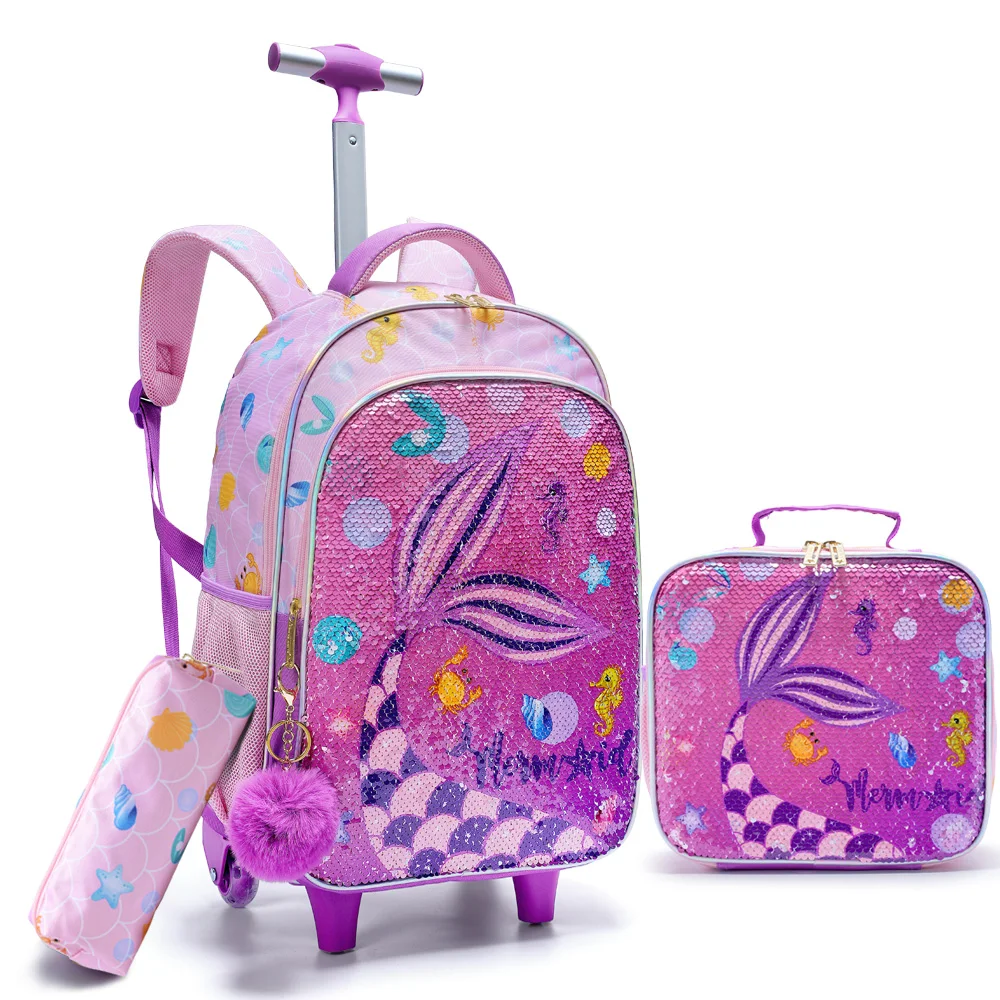 3PCS set Rolling Backpack For Girls, Cute Cartoon Mermaid Sequin Wheeled Bookbag For Elementary Students, With Lunch Box And Pen