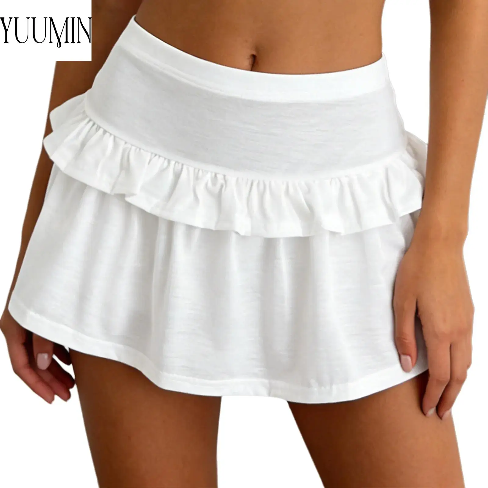 

Women Solid Color Ruffled A-Line Mini Skirt With Built-in Shorts Casual Daily Wear Yoga Workout Sports Skirt
