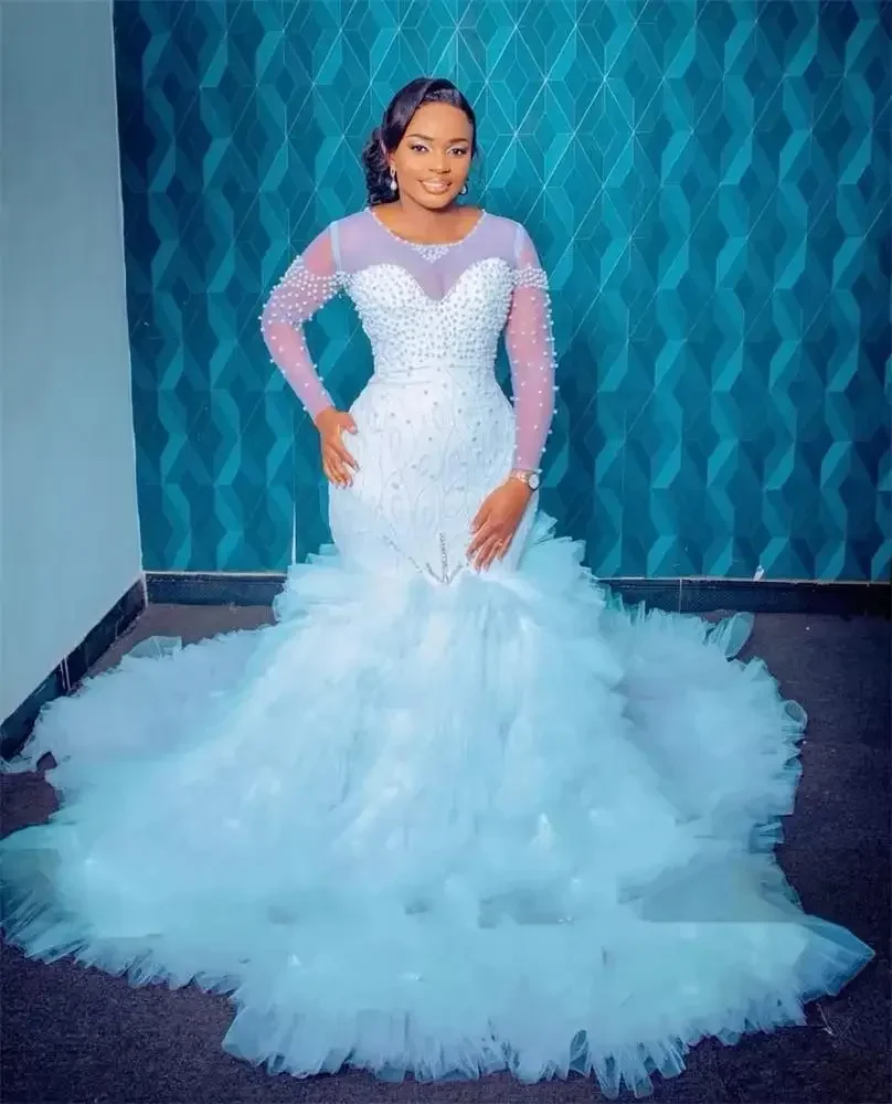 

Luxurious White Mermaid Decal Crystal Bead Women's Wedding Dress 2026 Sexy Transparent Sleeves Ballroom Bride Dress Customized