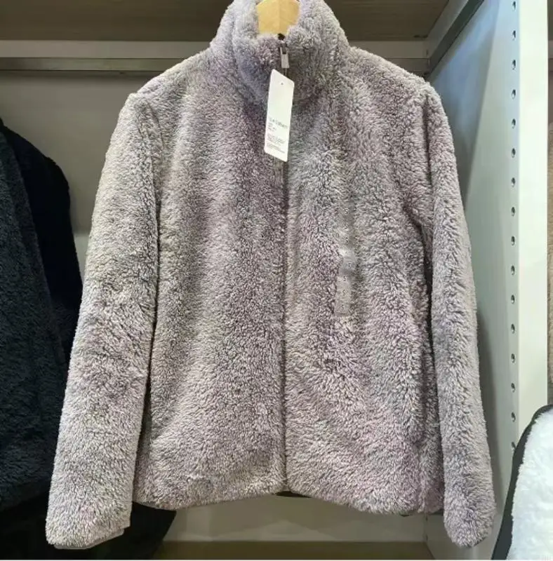 

77HE Women's Fleece Zipper Long Sleeve Stand Collar Comfortable Soft Sweater Coat with Pockets