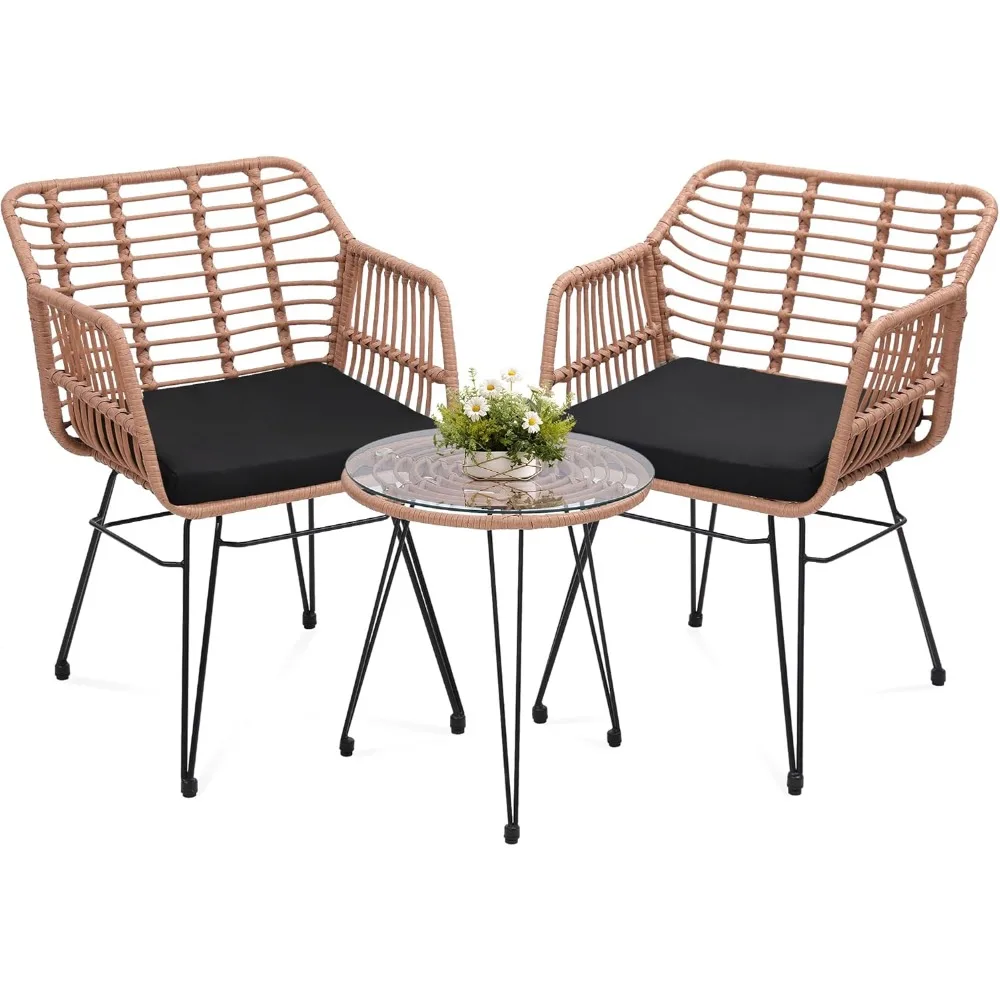 

3 Piece Wicker Patio Bistro Furniture Set, Includes 2 Rattan Chairs and Glass Top Table, Ideal for Porch, Outdoor, Backyard, Apa