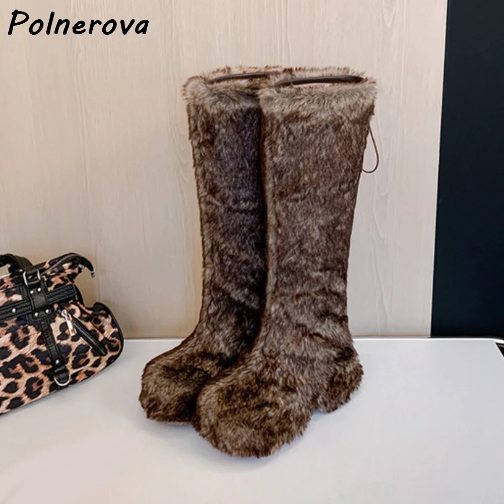 

Furry Black White Brown Boots Soft Warm Round Toe Thick Soled Platform Wedges Shoes Women Fashion Elegant Knee High Snow Boots