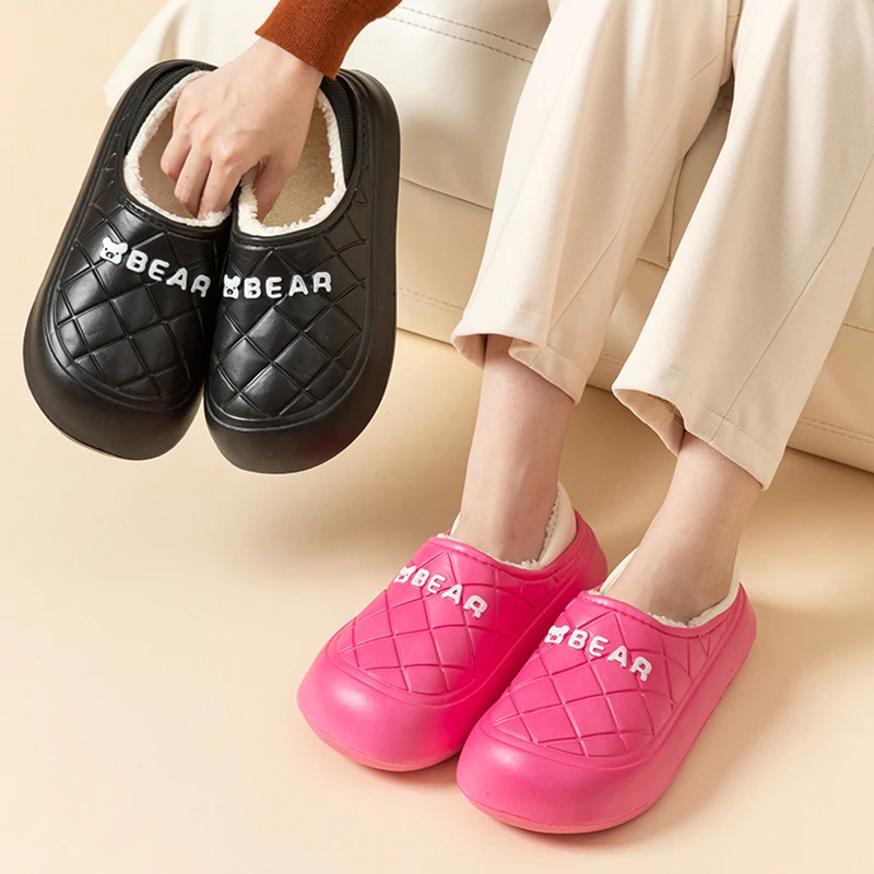 Women's Closed Toe Warm Home Slippers for Waterproof Non-slip Plush Indoor Slides Women Comfy Soft Non-slip Cotton Padded Shoes