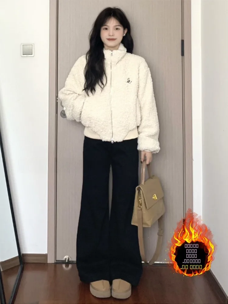 

Bla Fce Lined Flared Jeans Women's Winter Thiened Loose plus Size Big Code Slimming Bell Bot Casual High Waist Denim