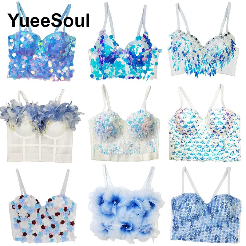 الأزرق المحاصيل القمم الفاخرة حفل زفاف نادي الشاطئ رداء علوي من دون أكمام للنساء 2025 صيف جديد Y2K الحلو لطيف مثير مشد بوستير الشارع الشهير