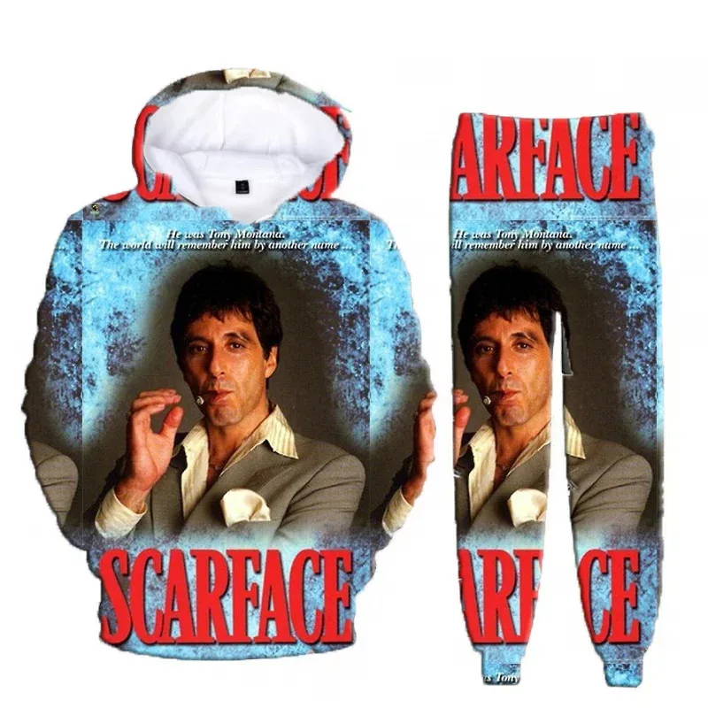Gran oferta de película clásica Scarface Tony Montana, Sudadera con capucha con estampado 3D, traje para hombre, sudaderas, pantalones de chándal, conjunto de chándal informal de dos piezas