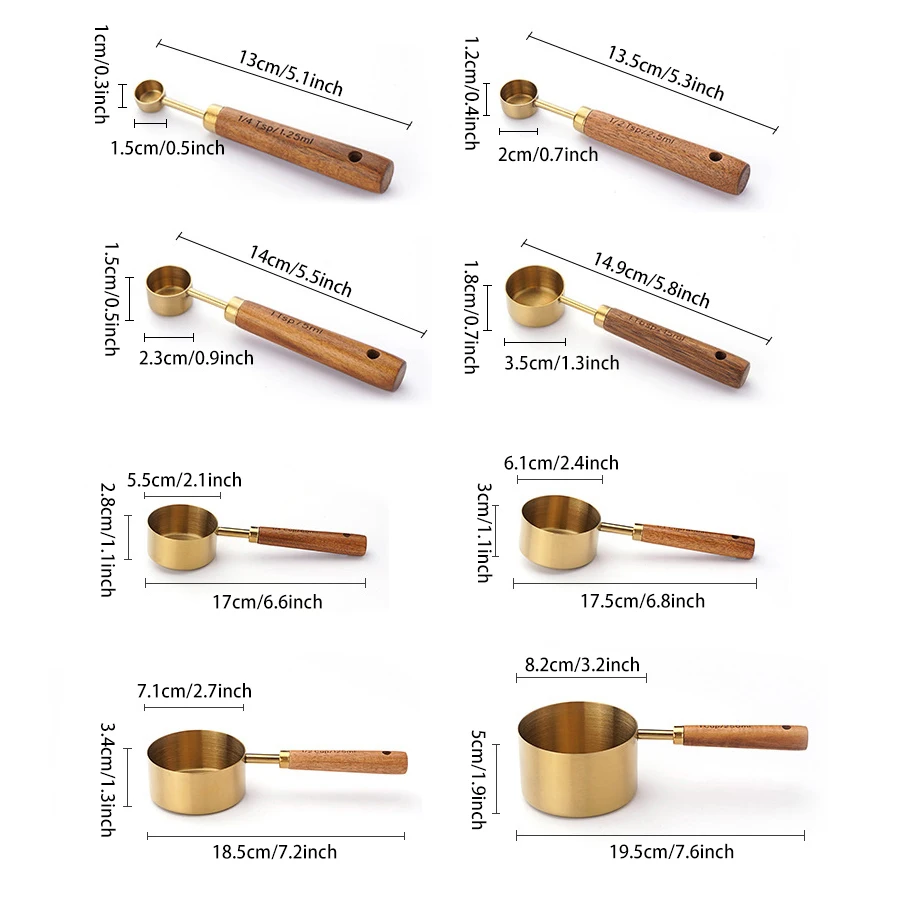 4PCS/8PCS baking cake stainless steel gold-plated weighing tool Acacia wood handle with carved measuring spoon Measuring tool