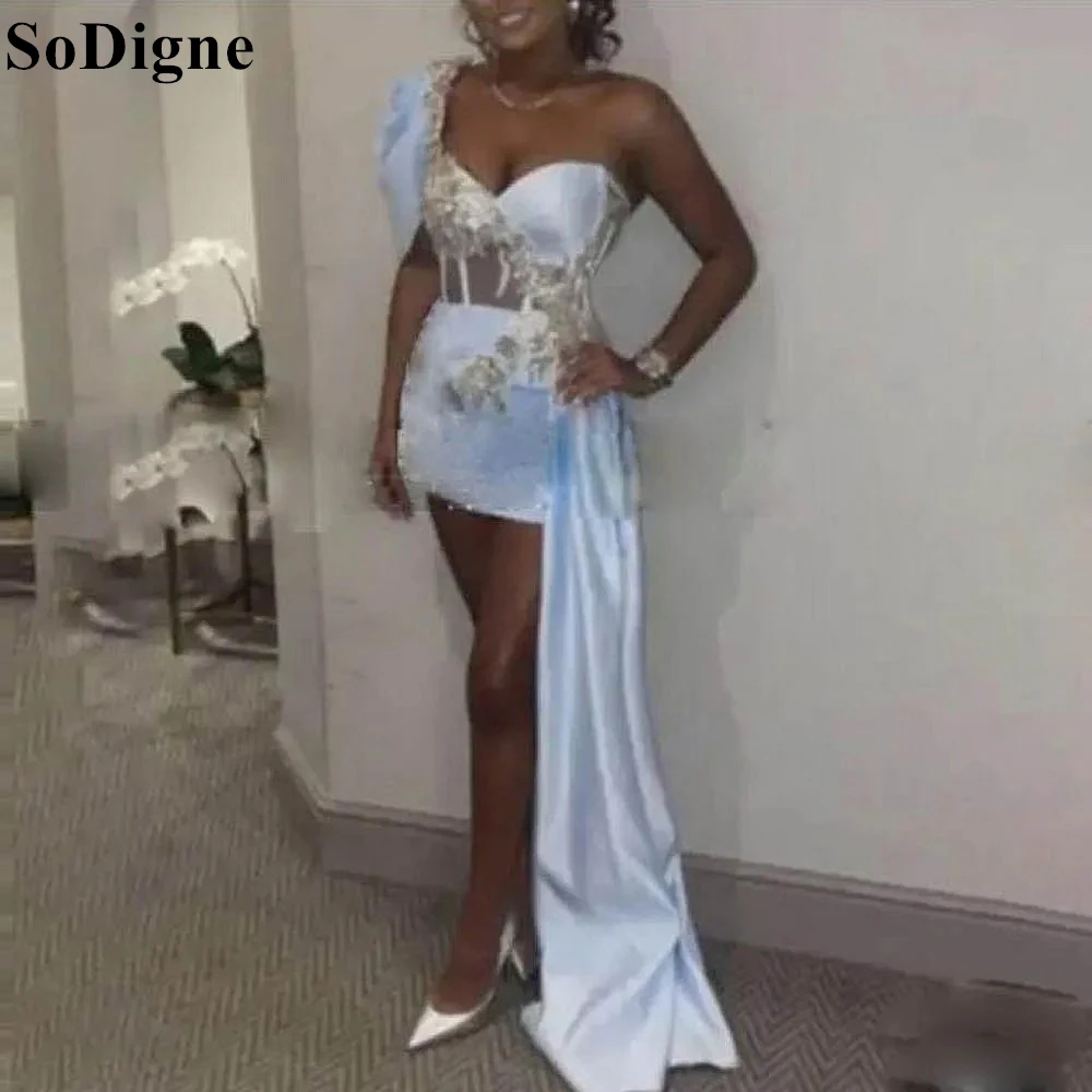 

SoDigne Sky Blue Short Prom Dresses One Shoulder Mermaid Lace Appliques Sweetheart Party Dress 2024 Mini Cocktail Gown for Women