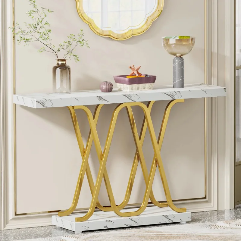 Modern Luxury Narrow Long Wooden Console Table with Geometric Gold Metal Legs for Living Room Entryway Hallway