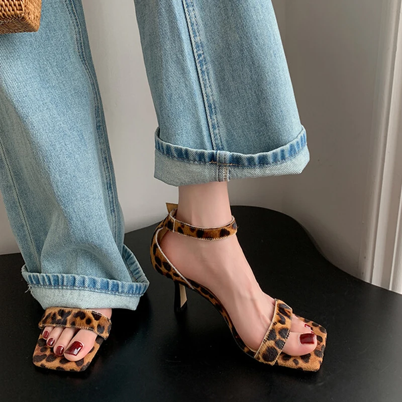 JOZHAMTA Size 34-40 Women Leopard Sandals Real Leather High Heels Summer Shoes Ankle Strap Sexy Ins Fashion Office Party Dress