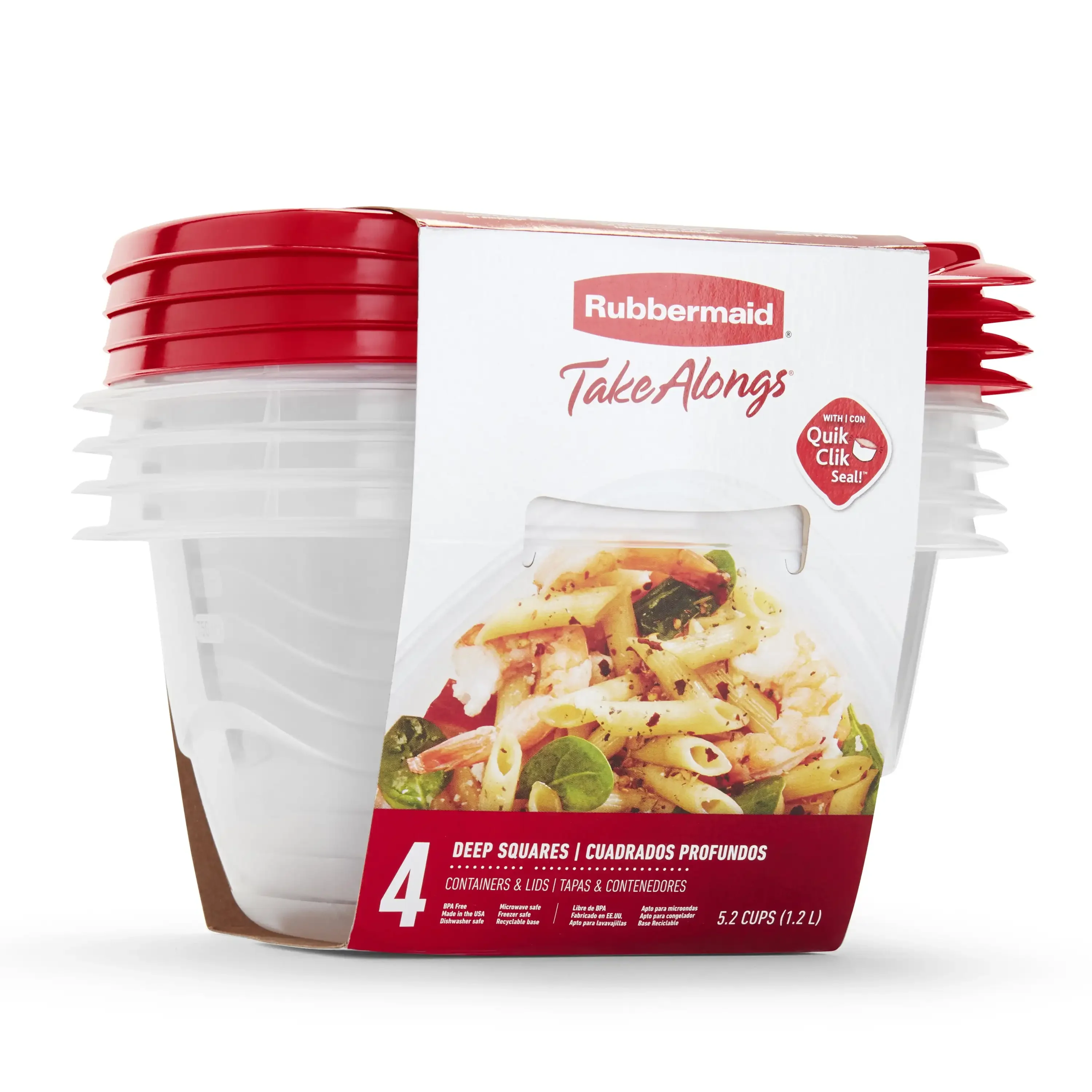 Takeaway Deep Square Food Storage Containers, Vermelho, 5.2 Cup, Conjunto de 4