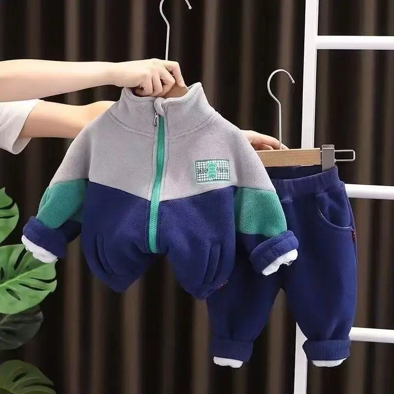 

Autumn Children's Thickened Plush Fleece Clothing 2026 New Boys and Girls Color Blocking Zippered Shirt Pants Two-piece Set