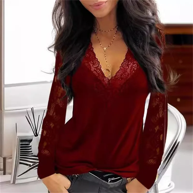 Ladies Sexy Fashion Lace Patchwork Hollow Shirts 2024 Spring Women Blouses Black V-Neck Loose Casual Long Sleeve Y2k Clothes Top — zdjęcie 4