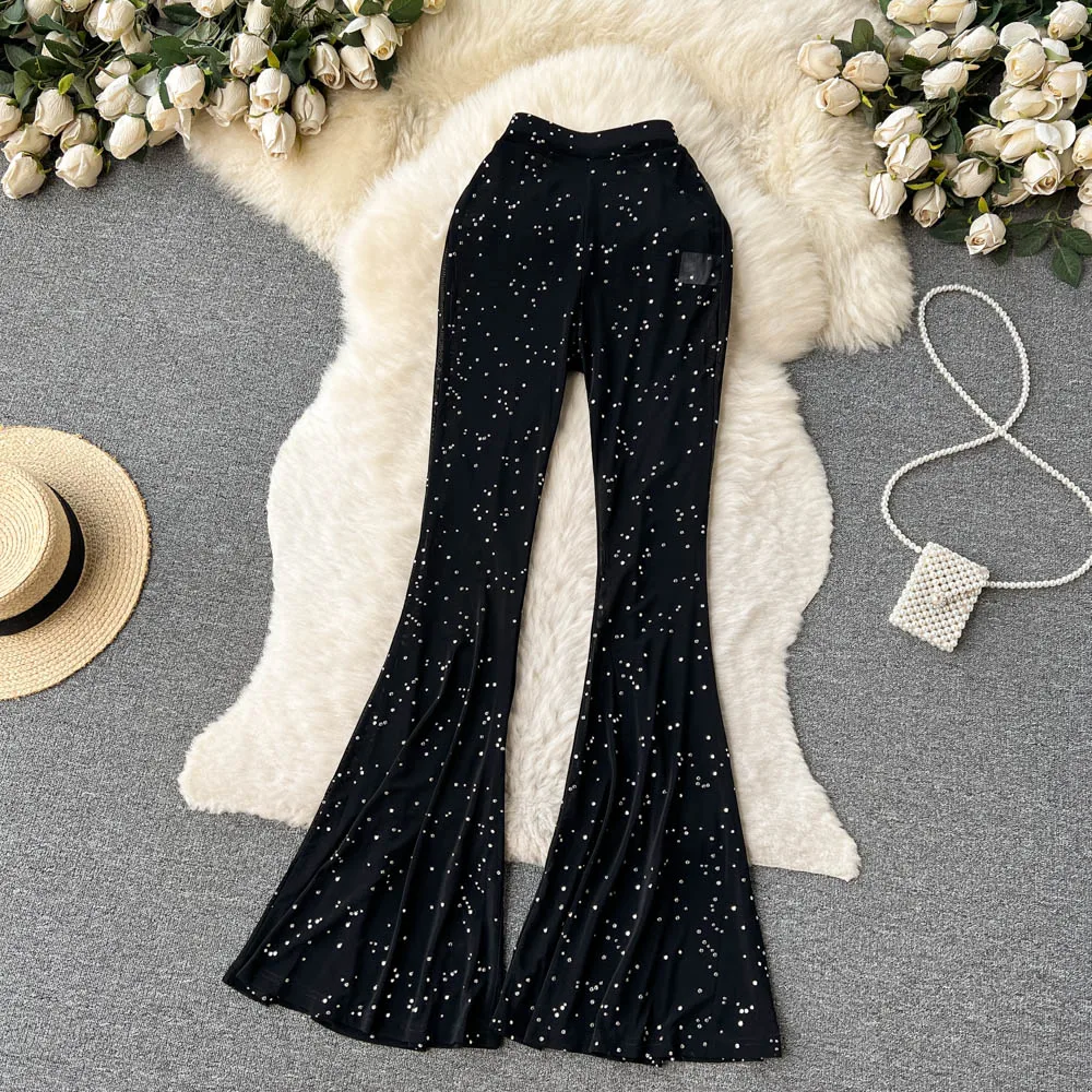 

Summer Thin Flare Pants Women's High Waist Slim Black Polka Dot Print Pants 2023 New Female Hip Hop Dancing Trousers