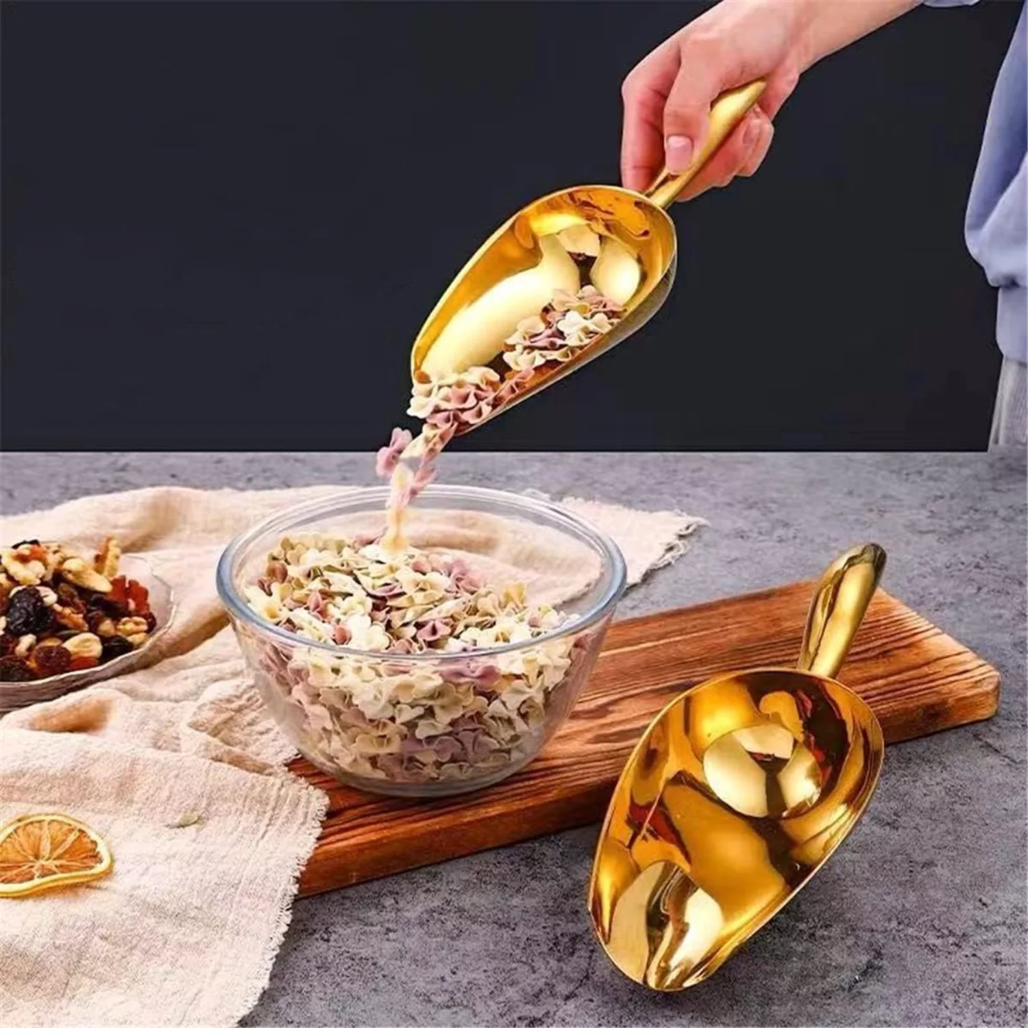 مغرفة ثلج معدنية للآلة - فريزر ستانلس ستيل، مجرفة ثلج لحفلات المطبخ وحفلات الزفاف، ذهبي، 8 أونصة