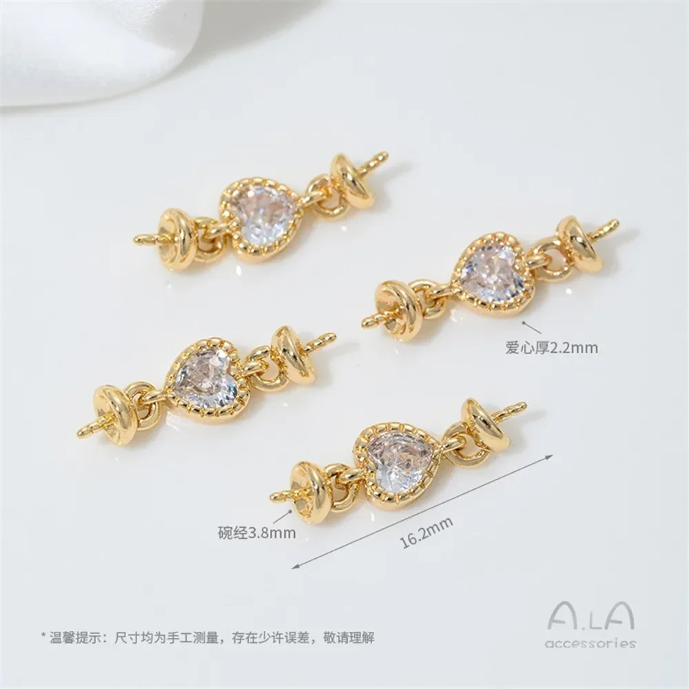 T356 14K Gold-plated, Heart-shaped Zircon Heart Sheep's Eye Set Connection Accessory, Adhered Crystal Pearl Jewelry Material