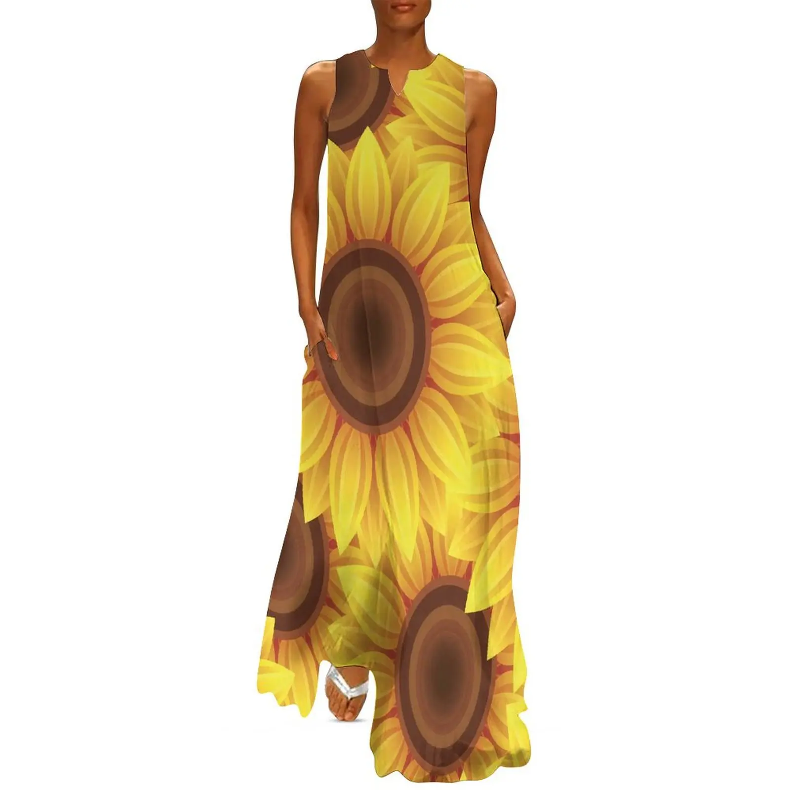 Sunflower Print Dress Yellow Flowers Maxi Dress Street Wear Bohemia Long Dresses Spring Sleeveless Design Vestidos Big Size 5XL