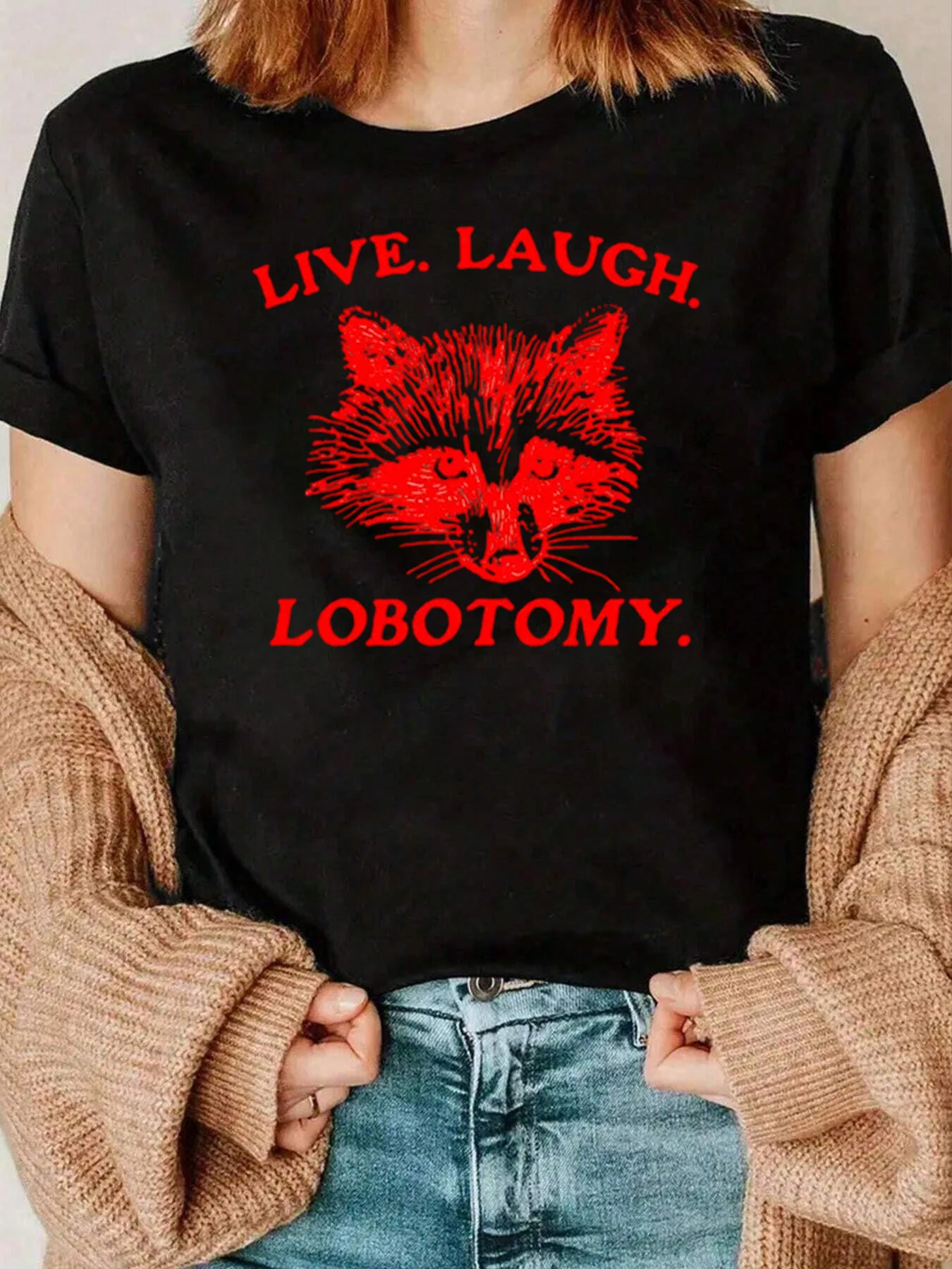 Fox Face Live Laugh Lobotomy Print Camiseta Ropa casual para mujeres 220g